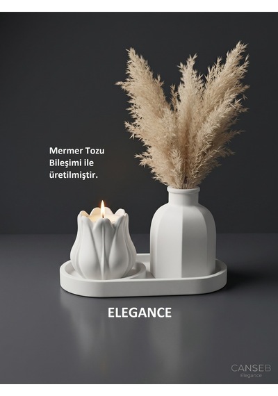 Üçlü Mumluk & Pampas Vazosu Dekoratif Obje Seti Tealight Mum Hediye