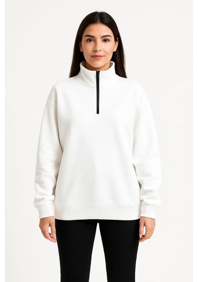 Mbb E-ticaret Kadın 3 İplik Pamuklu Dık Yaka Yarım Fermuarlı Sweatshirt - Beyaz