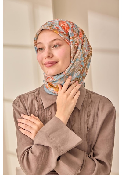 Silk Home Olinda İpek Eşarp 47002-39 Kahve Bej, Bebe Mavi, Hardal, Mercan, Yağ Yeşili