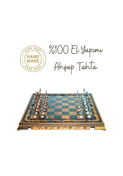 Mc44 Büyük Boy Metal Satranç Takımı Gerçek Ceviz Tahta El Yapımı Antik Taşlar 35x35cm