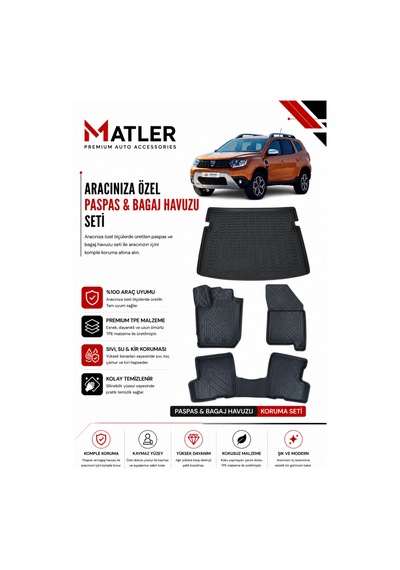 Dacia Duster 4x4 2018 Model 4d Ekstra Havuzlu Paspas Ve Bagaj Havuzu Set