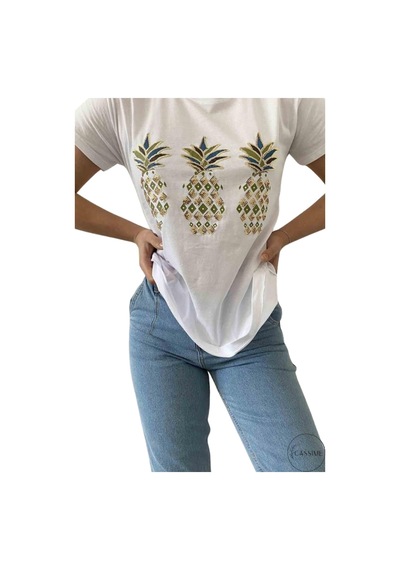Cassime Kadın Büyük Ananas Pul Payet Işlemeli %100 Pamuk Kısa Kollu V-yaka Tişört Xl-2xl-3xl Beyaz Cassime Kadın Büyük Ananas Pul Payet Işlemeli %100 Pamuk Kısa Kollu V-yaka Tişört Xl-2xl-3xl Beyaz