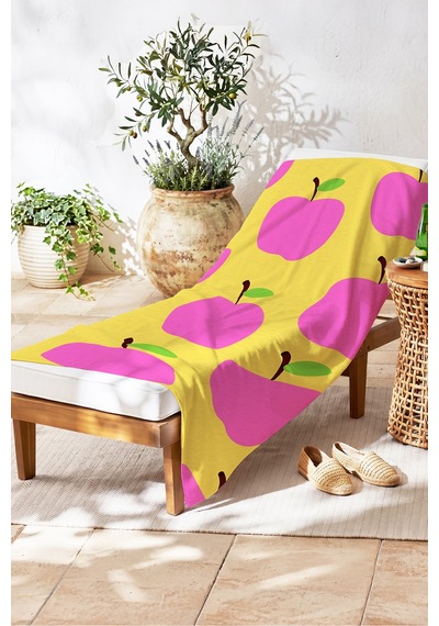 Meyve Temalı Pembe Elma Plaj Havlu Örtüsu - Sarı Minimalist Hızlı Kuruyan Mikrofiber Havlu Örtü Çok Renkli