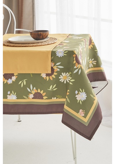 Ays Home Yeşil Ayçiçeği Desen Kumaş Yemek Masası Örtüsü Ve Sarı Runner.