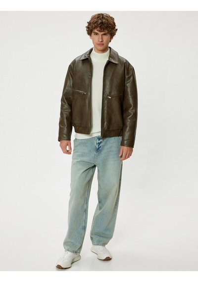Koton Suni Deri Ceket Slim Fit Gömlek Yaka Pamuk Karışımlı Khakı 5wam20031hw Haki