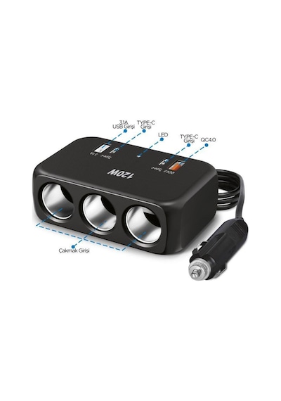 G18 120w Çoklu Çıkışlı Araç Şarj Cihazı 2x Type-c, Usb, Qc4.0 & 3 Çakmaklık Girişli
