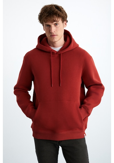 Grımelange Yokohama Erkek Içi Polarlı Yumuşacık Regular Kanguru Cepli Kapüşonlu Kiremit Rengi Sweatshirt