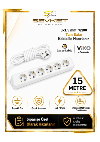 Viko 6'lı Grup Priz 15 Metre Beyaz 3x1,5 Kablolu Uzatma Kablosu 15 M