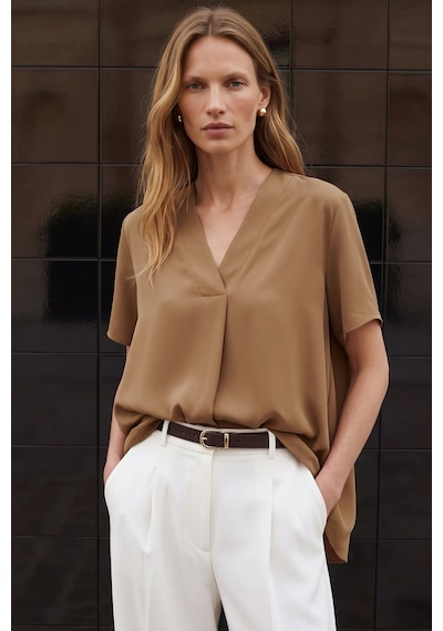 Sateen Geniş Kısa Kollu Bluz - Camel-137796