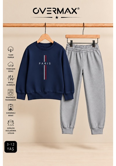 Overmax Parıs Baskılı Çocuk Kapüşonsuz Sweatshirt & Eşofman Takımı 3-12 Yaş Lacivert Üst-gri Alt - 921355017 Lacivert Üst-gri Alt