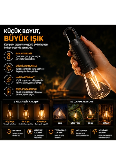 Şarj Edilebilir Led Kamp Lambası 3 Kademeli Sıcak Işık Asma Kancalı Taşınabilir Çadır Ve Acil Durum Lambası