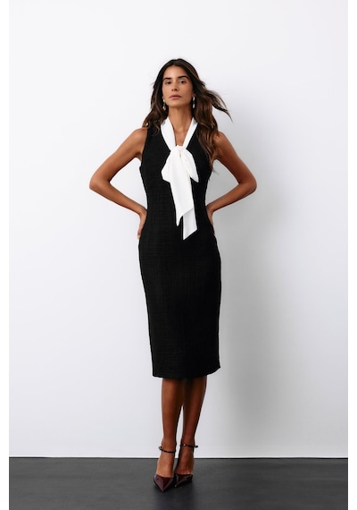 Sateen Fularlı Kolsuz Tüvit Elbise - Siyah-135147 Siyah
