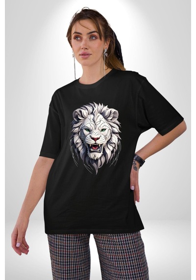 Beyaz Kaplan Kükreme Pamuklu Bisiklet Yaka Unisex Oversize Boyfriend Dijital Baskılı Siyah T-shirt Siyah