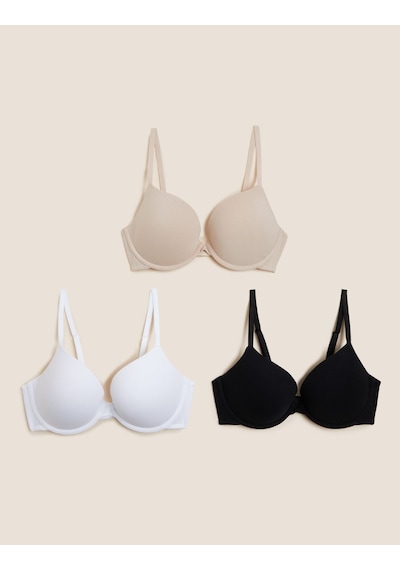 Marks & Spencer 3'lü Pamuklu Push Up T-Shirt Sütyeni T33006810 Krem