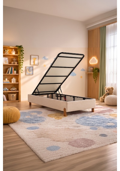 Parshome 90x190 Tek Kişilik Yatak, Baza, Baza Başlık Seti Ortopedik Yataklı Sandıklı Baza 3 Lü Set Bej 90 x 190