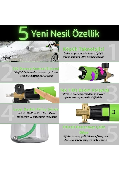 Robeve Bear Force Pro+ Foam Lance Köpük Yapıcı Aparat Pro Model Köpük Aparatı Profesyonel Oto Yıkama Köpük Yapıcı Aparat