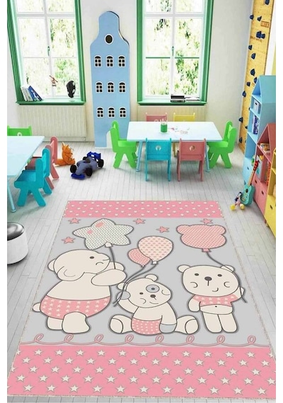 Pembe Kaymaz Tabanlı Yıkanabilir Ayıcıklı Bebek Halısı Kd015n11