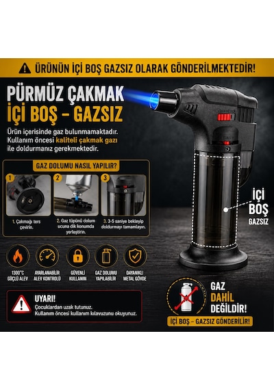 Pürmüz Çakmak 1300 C Turbo Jet Alevli Mangal Kamp Şömine Çakmağı Ayarlanabilir Alev Pürmüz Çakmak Diğer