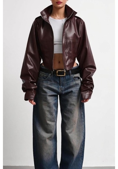 Meecy New Season Dik Yaka Motorcu Crop Kadın Deri Ceket Bordo Bordo
