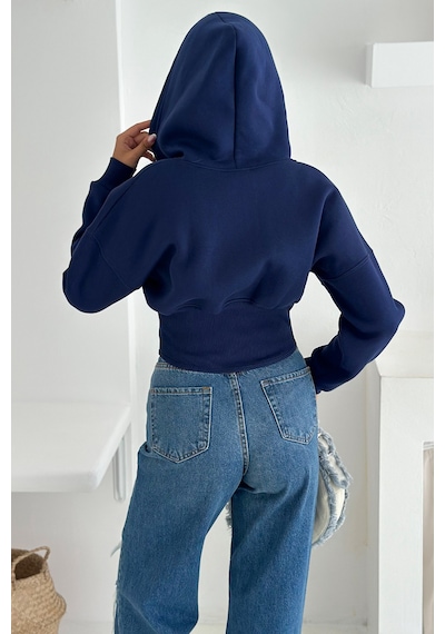 Kadın Siyah Fermuarlı Hoodie Minimal Sokak Ruhuyla Lacivert