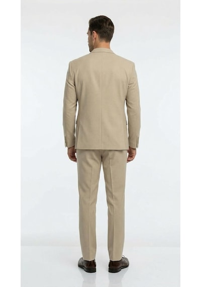 Erkek Slim Fit Mikro Dokulu Takım Elbise Çift Düğmeli Modern Kesim Bej
