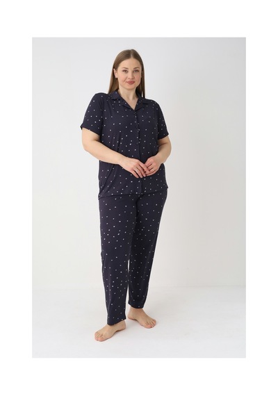 Estiva Kadın Puantiyeli Lacivert Kısa Kollu Önden Düğmeli Soft Battal Pijama Takımı Çok renkli