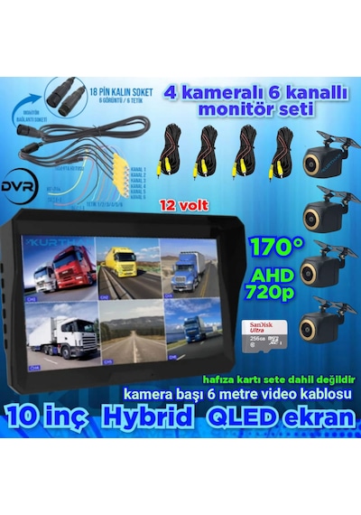 Qled10'' Dvr Ekran 4 Ad 170'' Balık Gözü Ahd 720p Kamera 12 V