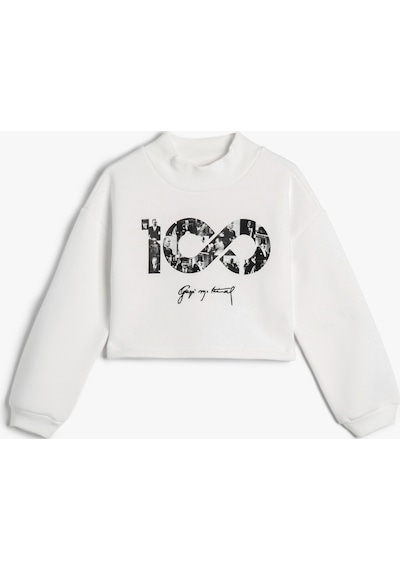 Koton Cumhuriyet Baskılı Crop Sweatshirt Uzun Kollu Bisiklet Yaka Şardonlu Ekru 4wkg10250ak 4WKG10250AK010 Ekru