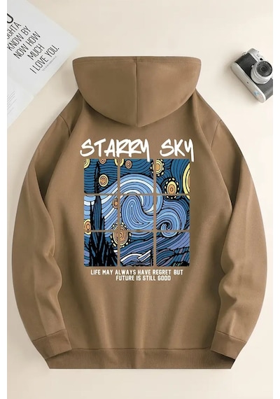 Uyguntarz Starry Sky Baskılı Unisex Oversize Sweatshirt Bej