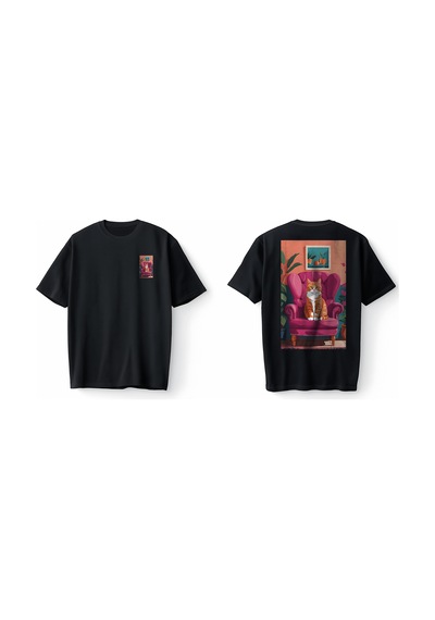 Bumeta Siyah Vintage Kedi Baskılı Retro Cat Graphic Art Streetwear Oversize Unisex Tişört T-shirt