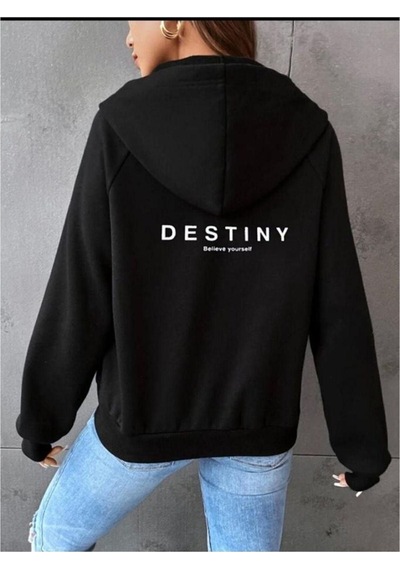 Altamira Kadın Siyah Destiny Baskı Fermuarlı Kapüşonlu Oversize Hırka 001