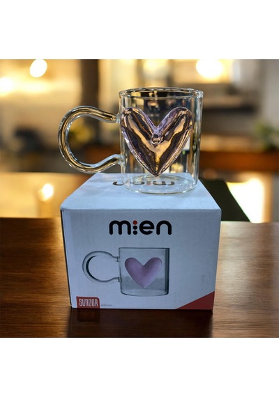 Mien 400 Ml Kalpli Şeffaf Cam Kupa Pembe Kalp Detaylı Pembe - Şeffaf