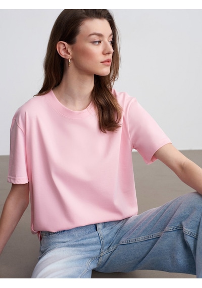 Dilvin 30312 Pamuk Dekoratif Dikişli Bisiklet Yaka T-shirt-toz Pembe 36