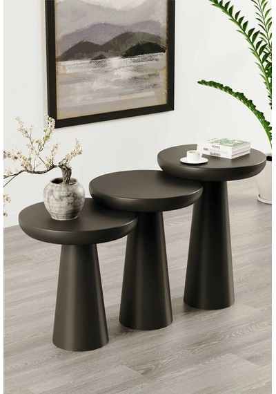 Simillo Wood Ahşap Siyah Renk Konik Model 3 Lü Set Mantar Yan Sehpa Fiskos Çiçeklik Decorative Siyah
