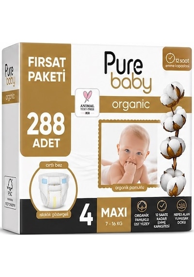 Pure Baby Organik Bebek Bezi 4 Beden 7-16 Kg Maxi 288 Adet 4 Numara