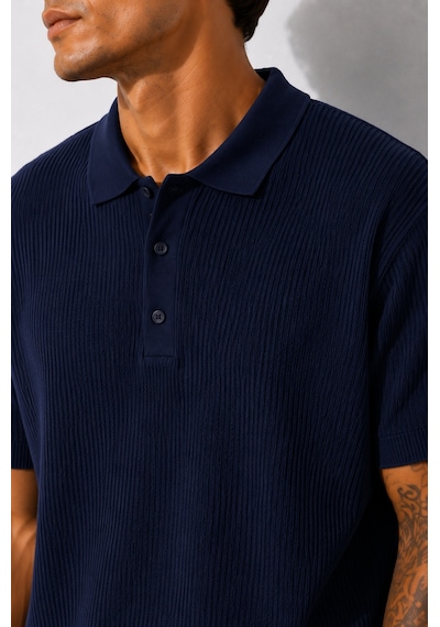 Ribana Erkek Kısa Kollu Fitilli Yarım Düğme Kapama Polo Yaka T-shirt 26001 Lacivert