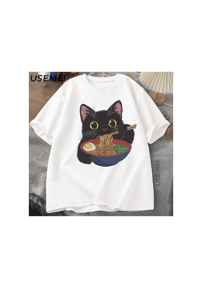 Tarzsokak Ramen Kedi Tshirt Japon Tarzı Kedi Sevgilisi T-shirt Kawaii Karikatür Pamuk Kısa Kollu T Shir 2863 Beyaz