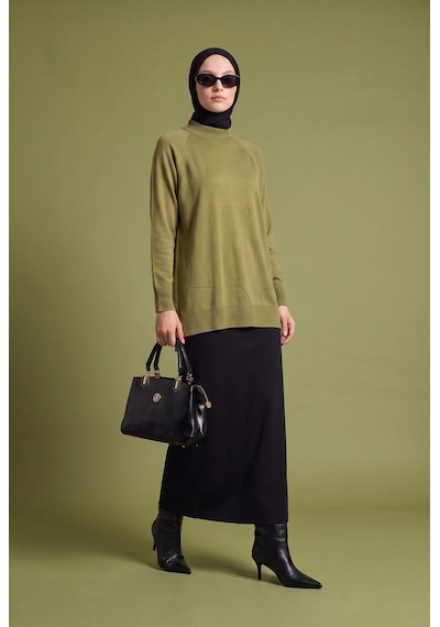Armine Trend Bisiklet Yaka Uzun Kollu Sade Rahat Kesim Tunik Yağ Yeşili 26ktd419