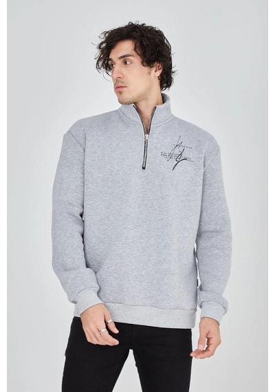 Erkek Yarım Fermuarlı Baskılı 3 İplik Pamuklu Sweatshirt - Gri