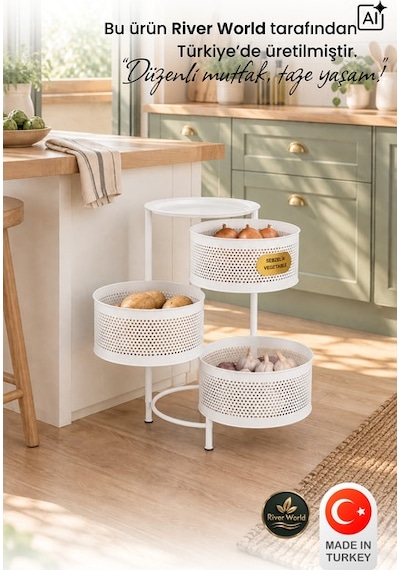 River World Tekerleksiz Rengi Beyaz Açılabilen 3 Katlı Çok Amaçlı Metal Raf Mutfak, Balkon, Kiler Çok Renkli