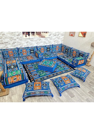 Coton Şark Köşesi Milas Desenli Minder Takımı Mavi