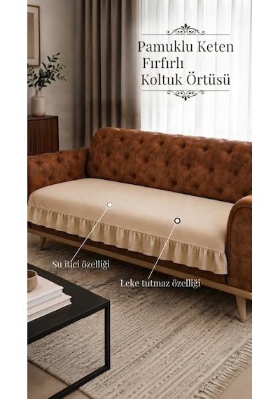 Lüx Fırfırlı Koltuk Örtüsü Bohem Pamuklu Keten Leke Tutmaz Su İticili Koltuk-çekyat Örtüsü Krem Bej