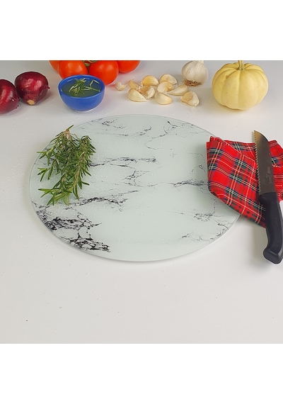 Decorita Beyaz Mermer Görünümlü Cam Kesme Tahtası Çap 32 CM