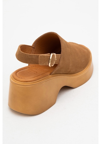 Luvishoes Power Taba Süet Hakiki Deri Kadın Dolgu Topuklu Sandalet Taba Süet