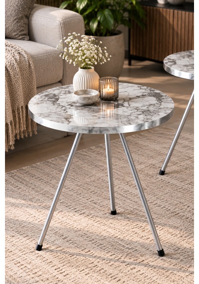 Sulorahome Gümüş Metal Ayaklı Mermer Desenli 3'lü Zigon Sehpa Takımı Beyaz - Ceviz
