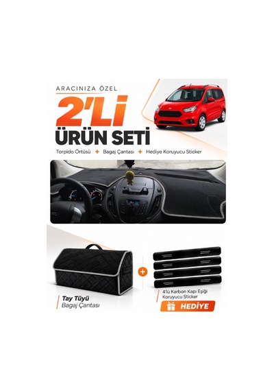 Ford Courier 2013-2020 Ekransız Uyumlu Torpido Örtüsü + Tay Tüyü Bagaj Çantası Seti - Siyah Gri