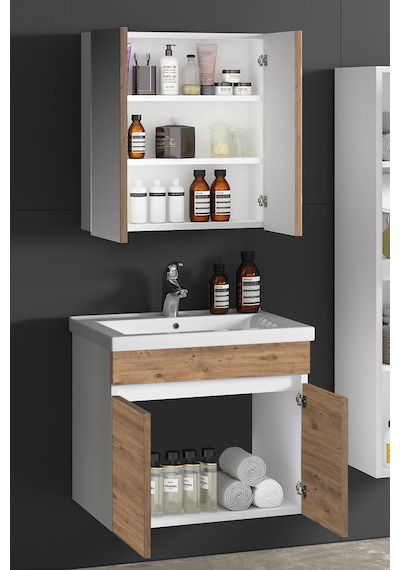 Çiğdem 55 Cm Beyaz-atlantik Mdf Lavabolu Asma Banyo Dolabı Takımı Beyaz - Atlantik Çam