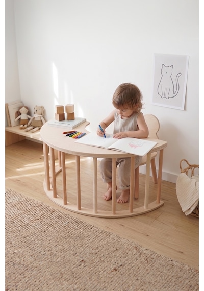 Pikler Ahşap Montessori Motor Gelişim Halkası, Krem Minderli Ve Sandalye Seti
