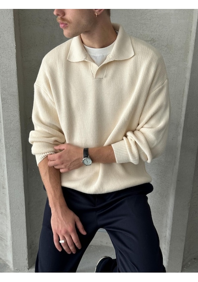 Erkek Polo Yaka Örme Oversize Kazak Krem