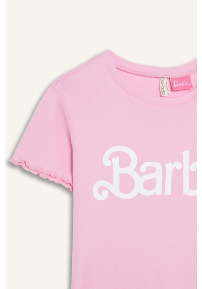 DeFacto Kız Çocuk Barbie Fitted Bisiklet Yaka Ribana Kısa Kollu Tişört E2614A825SMPN666 Pembe